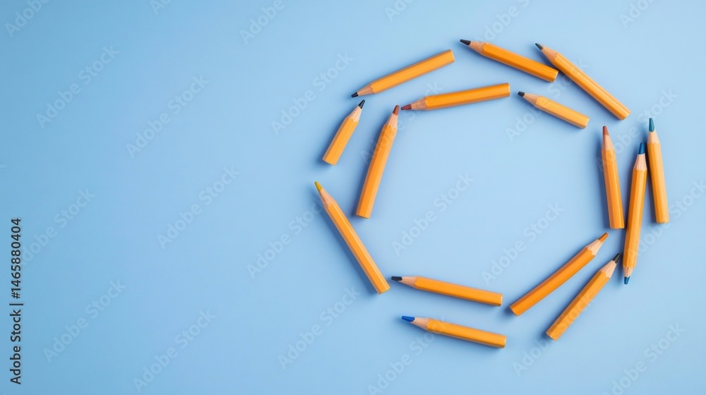 Poster yellow pencils arranged in a loose circular pattern on a light blue background with space on the lef
