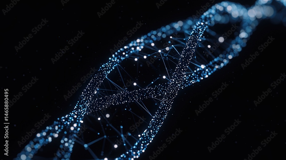 Poster a digital representation of a glowing dna double helix structure on a dark background.