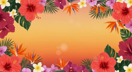 Vibrant Tropical Flowers Frame on Orange Sunset Background