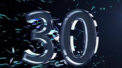 Futuristic 3D number 30 surrounded by glowing shards and neon light effects. - Powered by Adobe