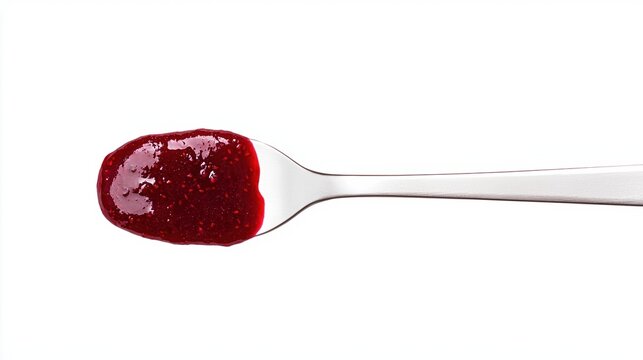 A silver spoon holding a dollop of red berry jam against a white background. - Powered by Adobe