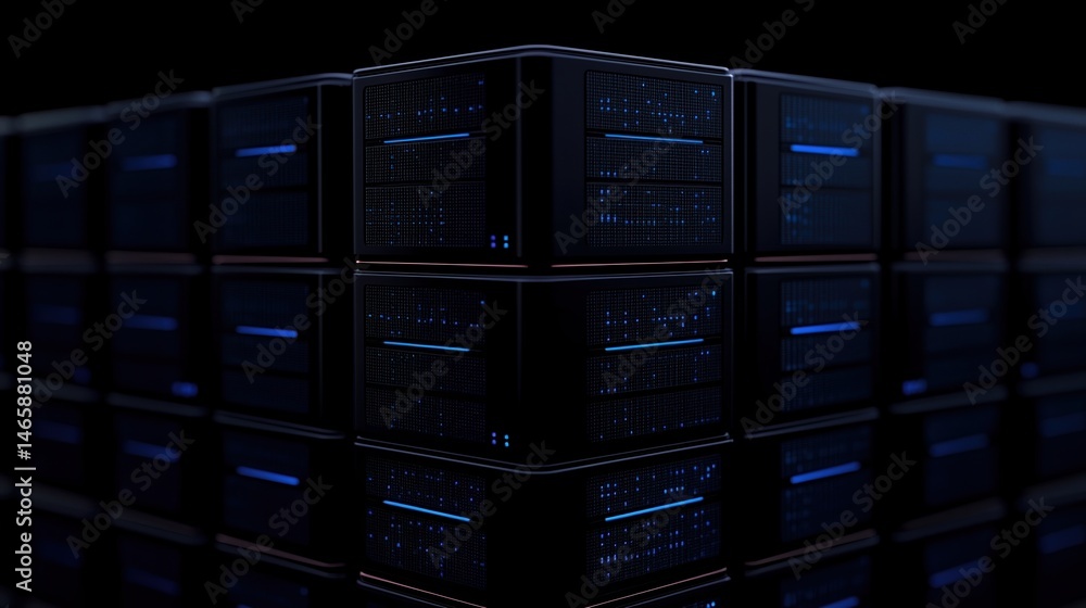 Poster futuristic server racks with blue led lights are arranged in a dark, reflective environment, suggest