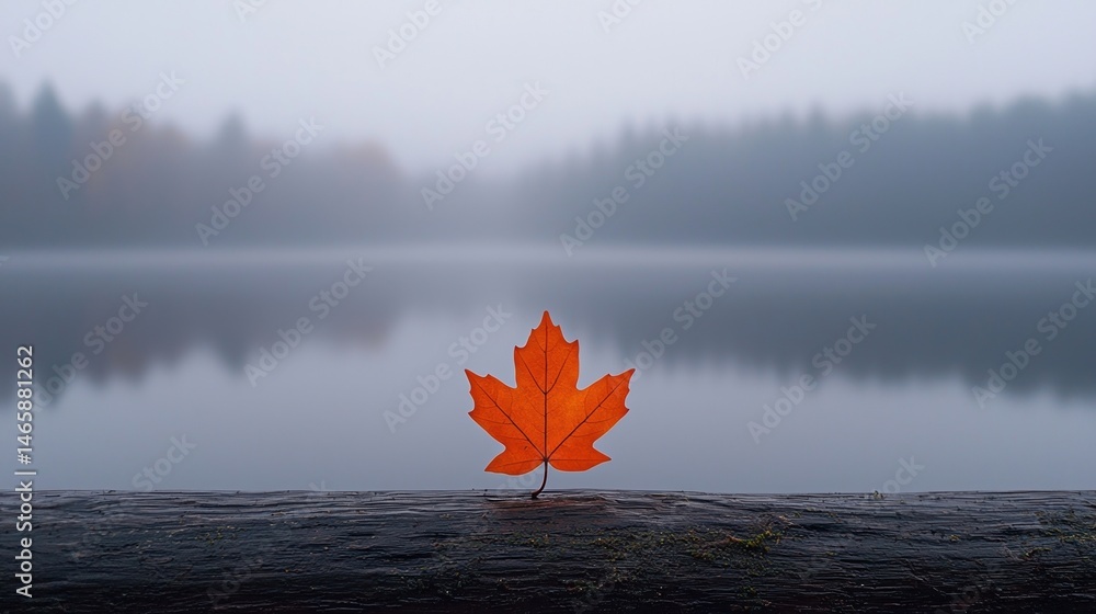 Poster a single red maple leaf stands on a log by a misty lake, with a blurred forest and foggy atmosphere 