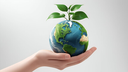 Sustainable Earth in Hand – 3D Eco-Friendly Concept with Growing Plant on White Background, No 109