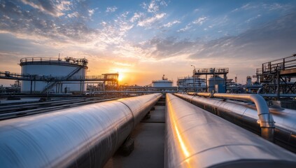 Obraz premium Industrial site pipelines against sky at sunset