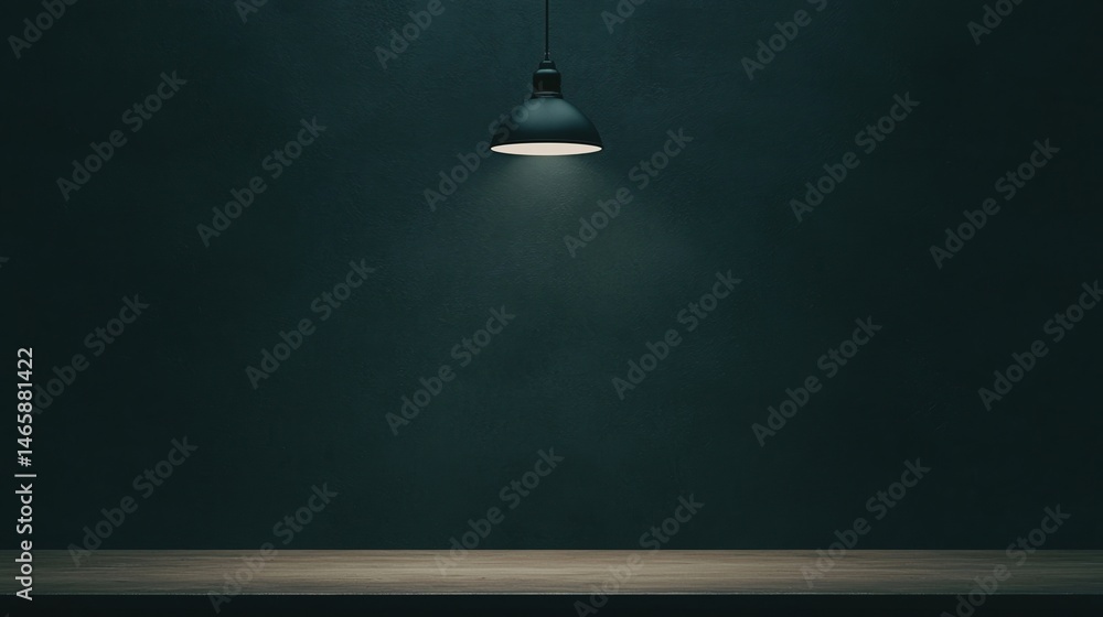 Poster a single pendant lamp illuminates a dark, empty room with a wooden table beneath, creating a minimal