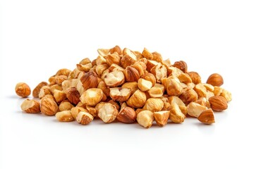 Pile of chopped hazelnuts on a white surface, close up view