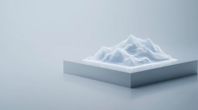 Minimalist 3D wireframe mountain model displayed on a white platform against a light blue background.