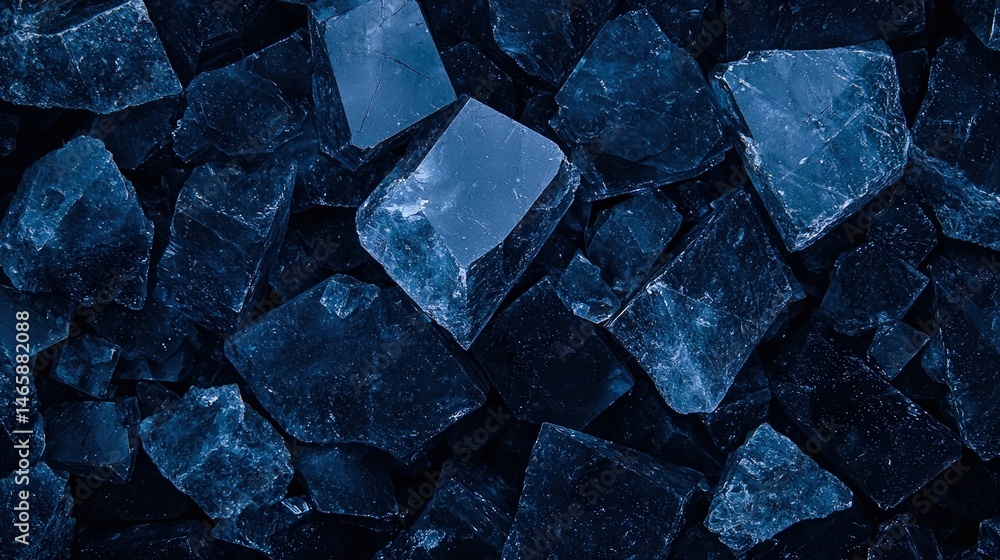 Poster close-up of dark blue crystal-like mineral rocks with sharp, angular edges.