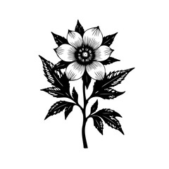 Detailed botanical illustration of a stylized flower with intricate foliage