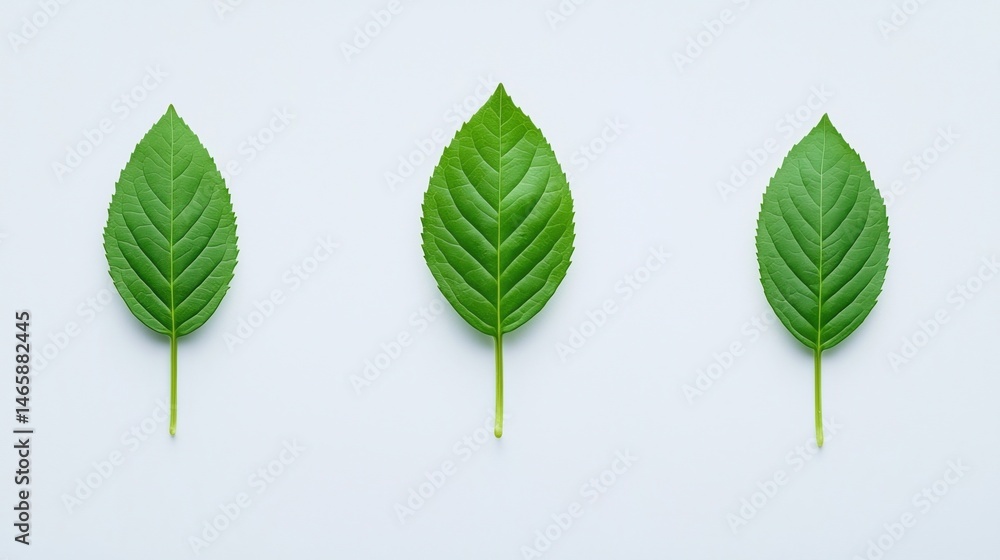 Poster three green leaves are neatly arranged in a row on a plain white background.