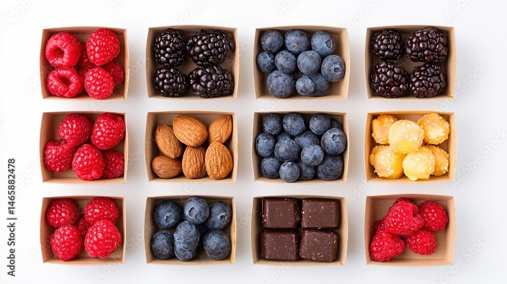 Poster assorted berries, nuts, and chocolates arranged neatly in small cardboard boxes in a grid pattern.