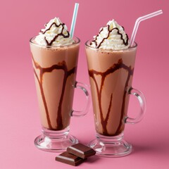 Two chocolate milkshakes isolated on white background