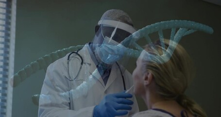Doctor wearing stethoscope performing medical nasal swab testing on patient with DNA helix overlay - Powered by Adobe