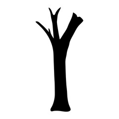 Silhouette of a stark bare tree with three branches against white background