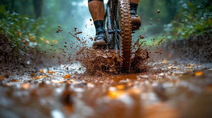 Mountain biker navigating muddy trail.  Splashing through a deep puddle
