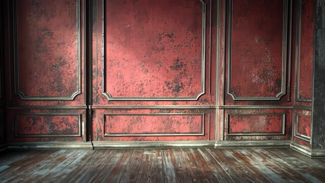 A rustic, empty room with aged red walls and wood floors, bathed in sunlight