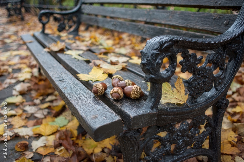 Poster park bench adorned with colorful fallen leaves and acorns during autumn in a serene public space gen