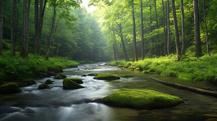 Obraz premium Serene Green Forest River Scene Tranquil Flowing Water Amongst Mossy Rocks and Lush Trees