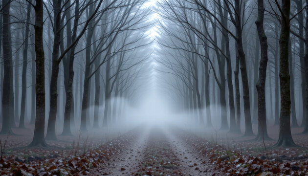 Misty forest path creates eerie atmosphere, with tall, bare trees lining way. fog envelops scene, enhancing sense of mystery and solitude
