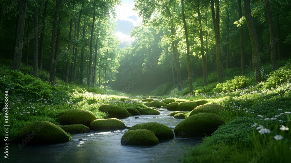 Poster serene view of lush forest with gentle stream flowing through moss covered stones, creating