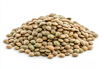 Fototapeta premium Pile of raw brown lentils on a white background ready for cooking