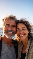 Smiling Couple's Coastal Adventure: A Portrait of Happiness