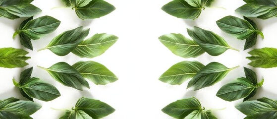 Symmetrical Basil Leaves on White Background