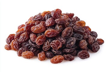 Obraz premium Pile of raisins on a white background, dried fruit snack food