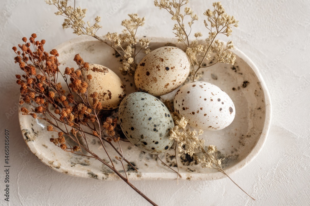 Poster nature-inspired arrangement featuring speckled eggs and delicate dried flowers on a rustic plate gen