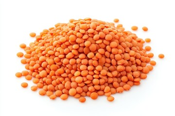 Pile of red lentils on a white background for food or ingredient concept
