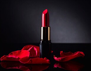 A lipstick with a velvet red bullet standing