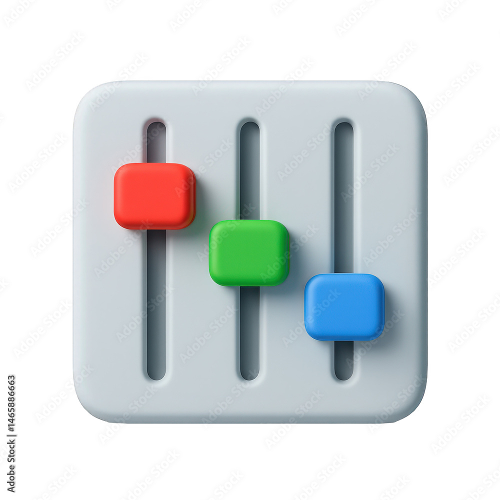 Poster vibrant color sliders for adjusting levels on a modern 3d rendered control panel.
