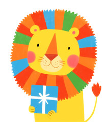 Cute Cartoon Lion with Colorful Mane Holding a Gift Box Illustration