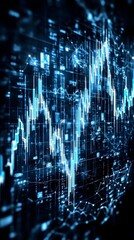 Dynamic financial data visualization; glowing blue graphs on dark background