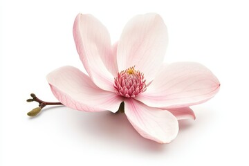 Single pink magnolia blossom with stem lying on a white surface