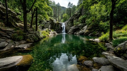 Obraz premium Refreshing Waterfall Cascading Into Serene Green Pool Surrounded by Trees