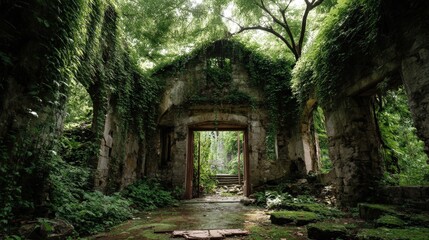 Overgrown Ruins Entangled in Vines Surrounded by Lush Greenery