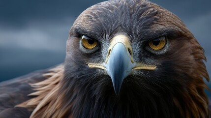 Close-up of eagle's piercing eyes and curved beak, captured with long lens clarity and blurred sky backdrop