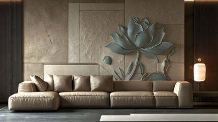 Elegant living room interior design featuring a beige leather sectional sofa against a stunning wall with a 3D lotus flower relief.