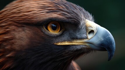 Close-up of eagle's piercing eyes and curved beak, captured with long lens clarity and blurred sky backdrop