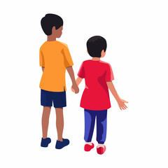 Two children holding hands rear view. Vector Image