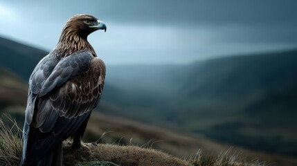Fototapeta premium Golden eagle standing on high perch with valley below, wind in feathers, moody and majestic wildlife frame