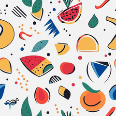 Memphis fruit colorful style seamless pattern. Creative minimalist style art background for children or trendy design with basic shapes. Simple childish scribble backdrop white background