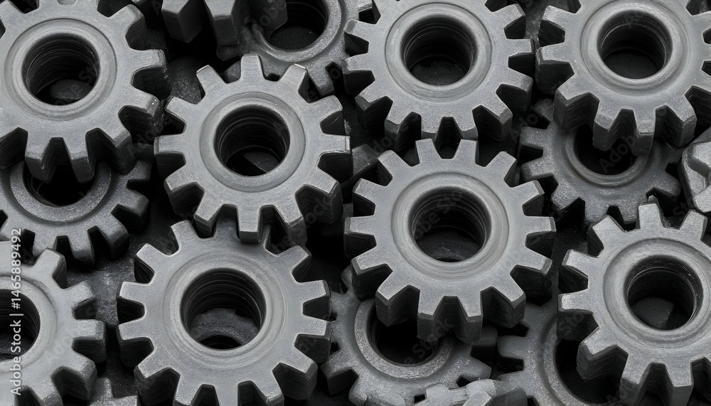 Poster close-up shot of many dark grey cogs and gears interlocked, creating a complex and intricate mechani
