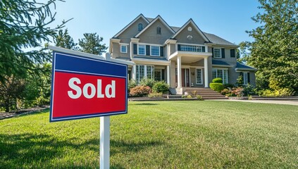exterior capture featuring a sold sign in front of a traditional style home with manicured lawn