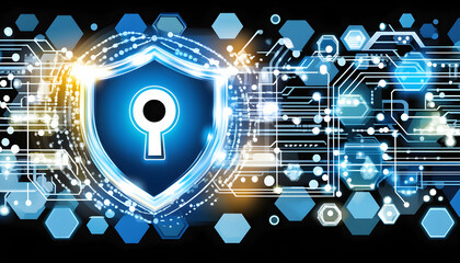 Fototapeta premium Glowing digital shield with keyhole, representing cybersecurity, data protection, and online security. Abstract technology background.