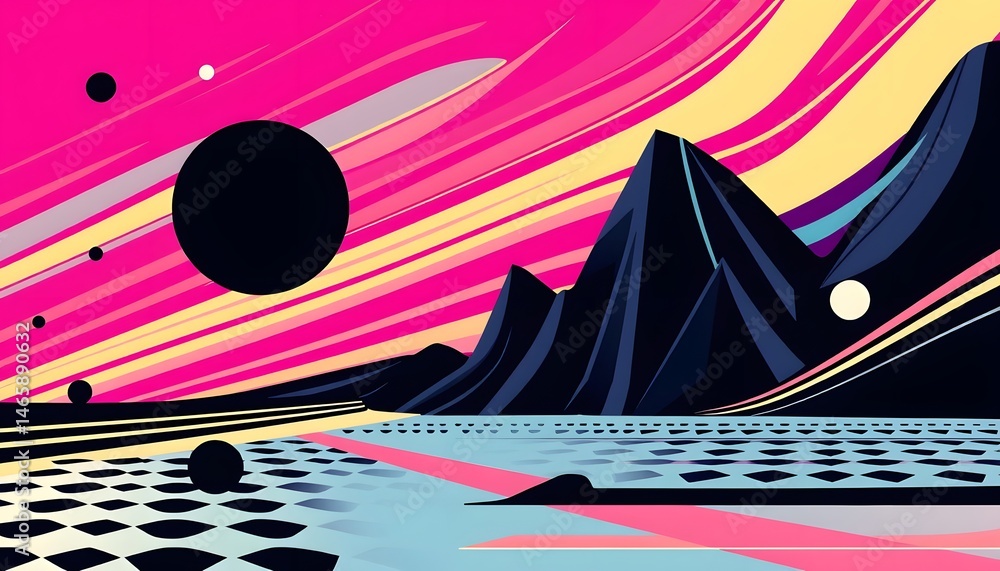 Aufkleber dynamic geometric illustration, retro style with bold color gradients and striking black accents cre
