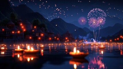 Obraz premium Night Lights Festival: Magical Fireworks and Floating Candles on Serene Lake