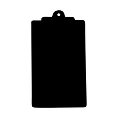 A minimalistic black silhouette of a clipboard set against a white backdrop
